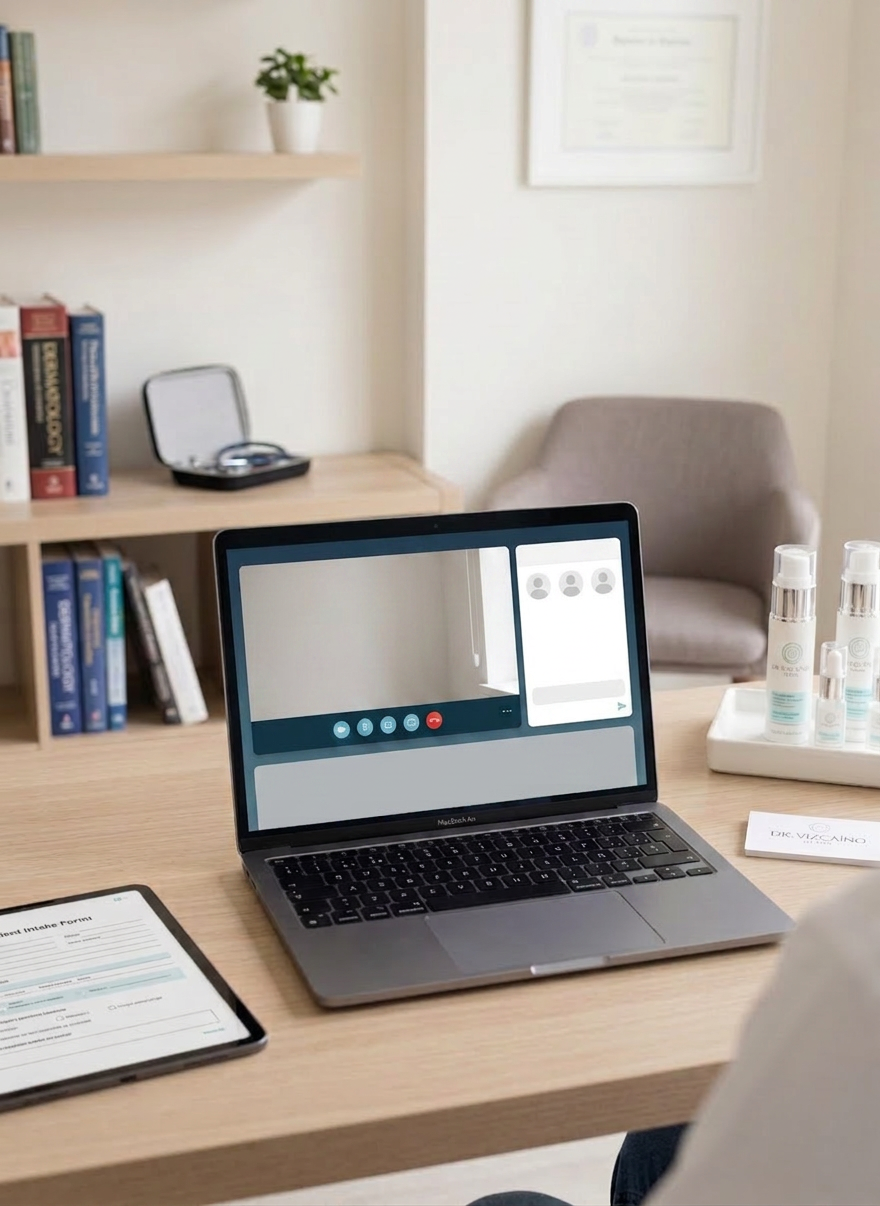 dermatología Laptop screen showing a virtual medical consultation with Dr. Elena Vizcaíno and chat window